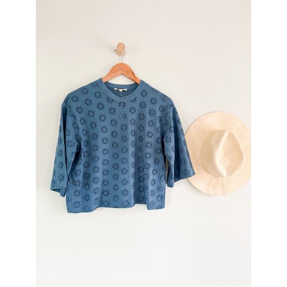 Madewell | NWT Embroidered Wide-Sleeve Boxy Tee in Sunfaded Blue | Sz XS - Picture 2 of 8